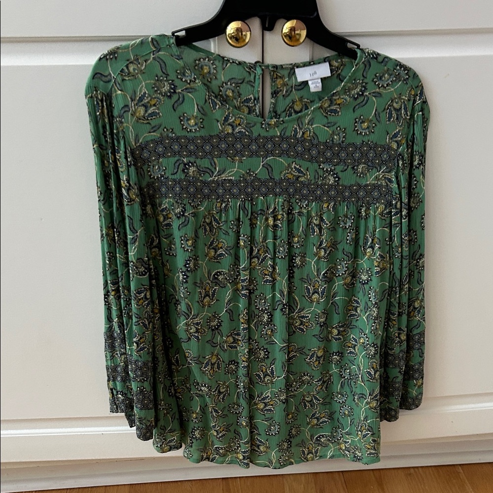 J. Jill Green Floral Boho Three-Quarter Sleeve Top